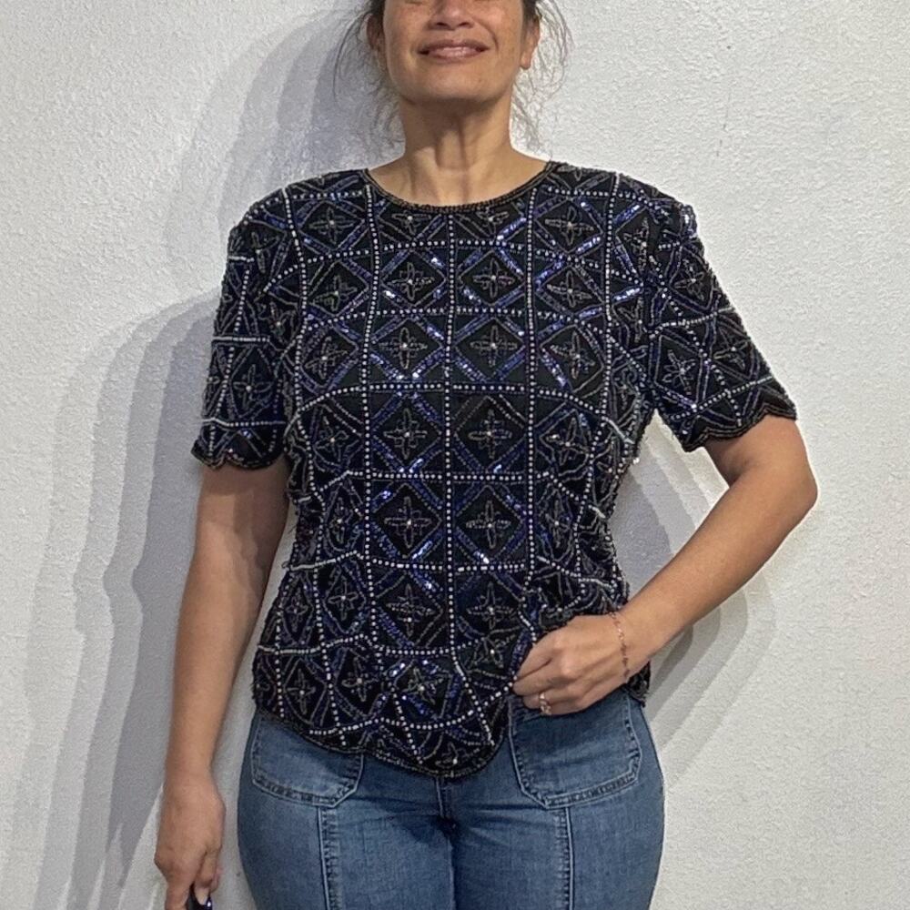 Stenay Black Silk Beaded Vintage Blouse Sz L